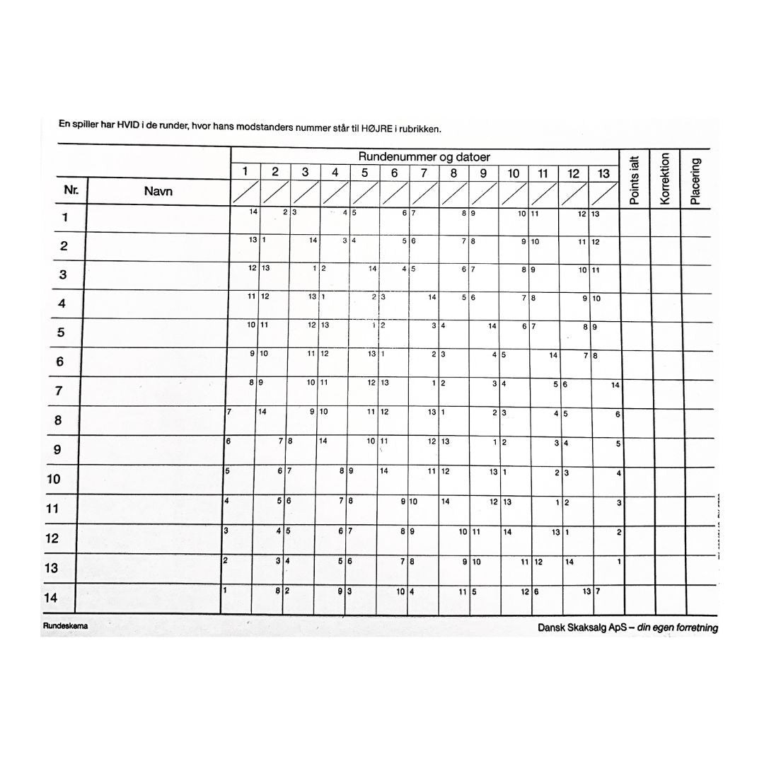 Turneringsschema för schackturneringar med 14 spelare i ett alla mot alla-format för användning i schackklubbar under Dansk Schack Union.