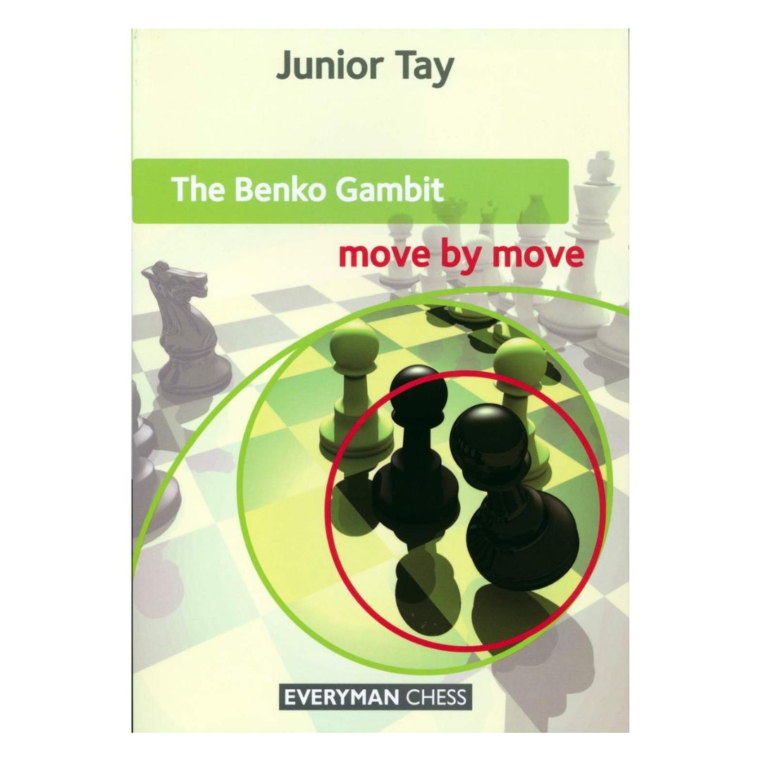 Omslaget till The Benko Gambit av Junior Tay - en schackbok som erbjuder en praktisk repertoar för svart i Benko Gambit med fokus på strategiska planer och långsiktig press.