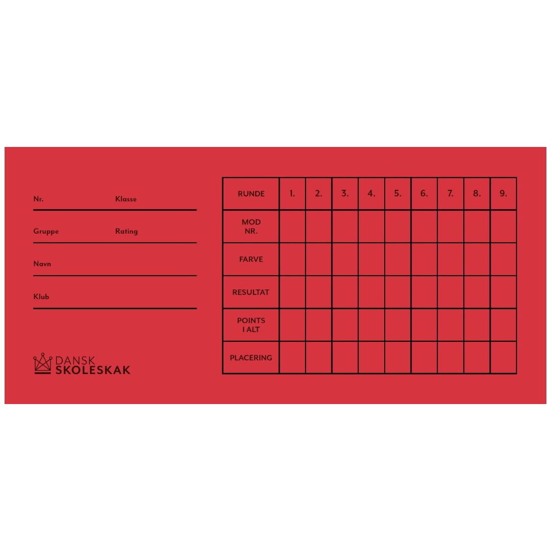 Rondkort med plats för att skriva klass, gruppbetyg och mycket mer för upp till nio ronder med Dansk skoleskak logotyp