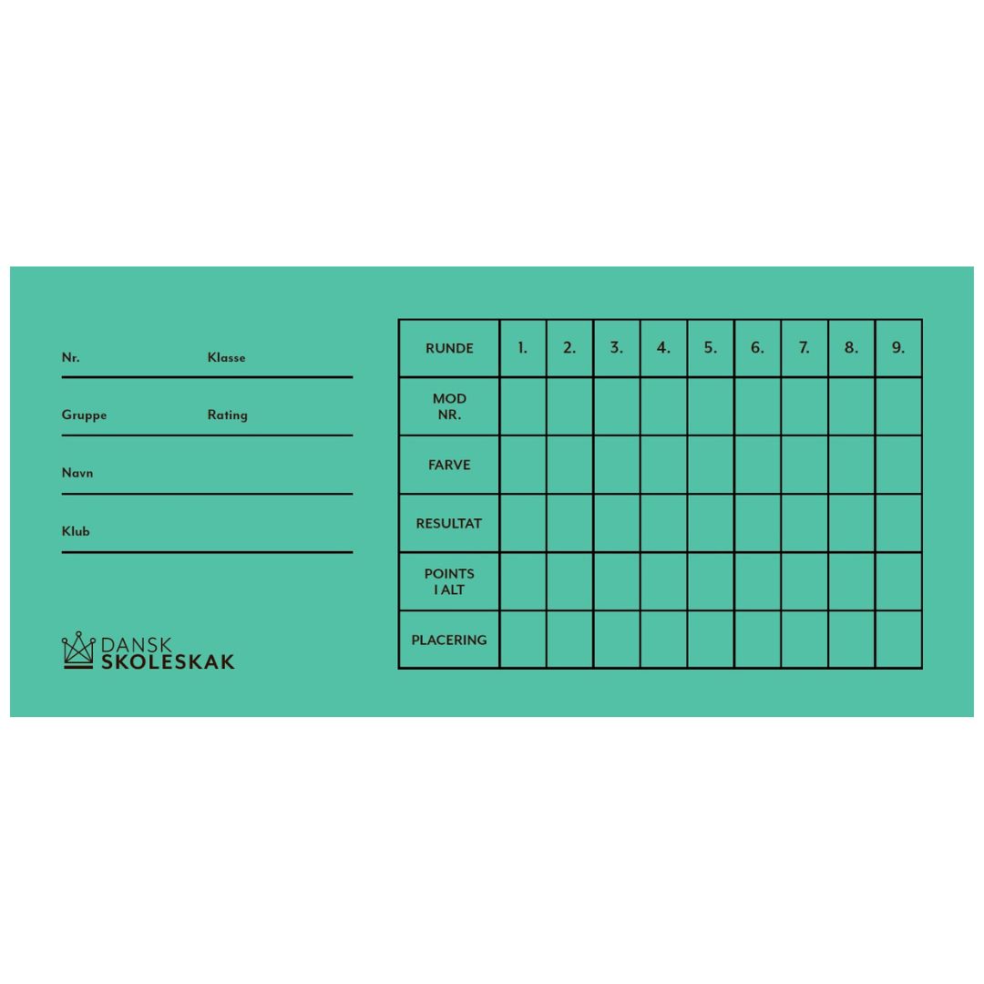 gröna rondkort för schackturneringar med Dansk skoleskak-logotyp och upp till 9 ronder