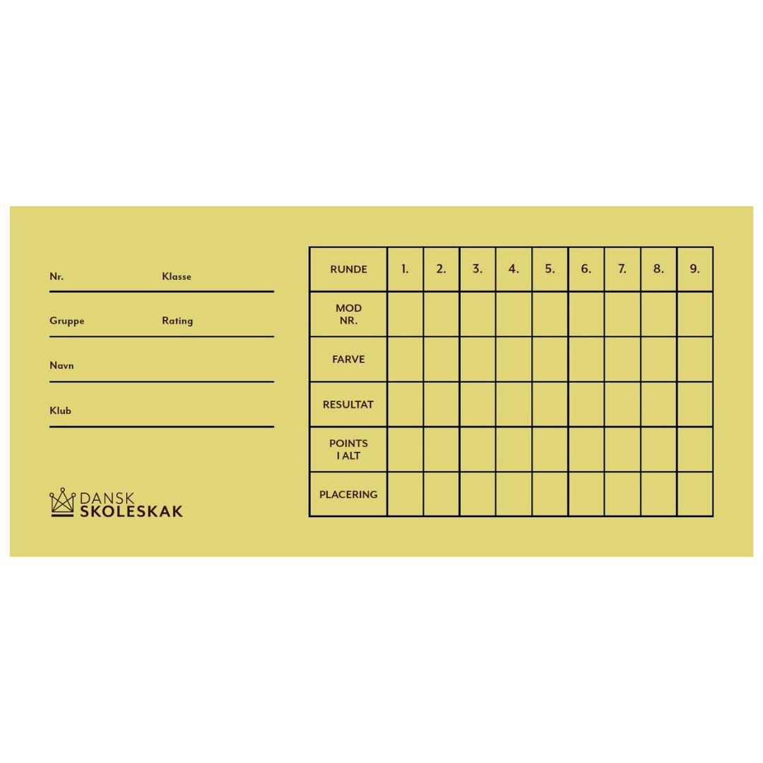 Runda kort i gul färg från Dansk skoleskak som kan användas för schackturneringen eller i samband med skolschack