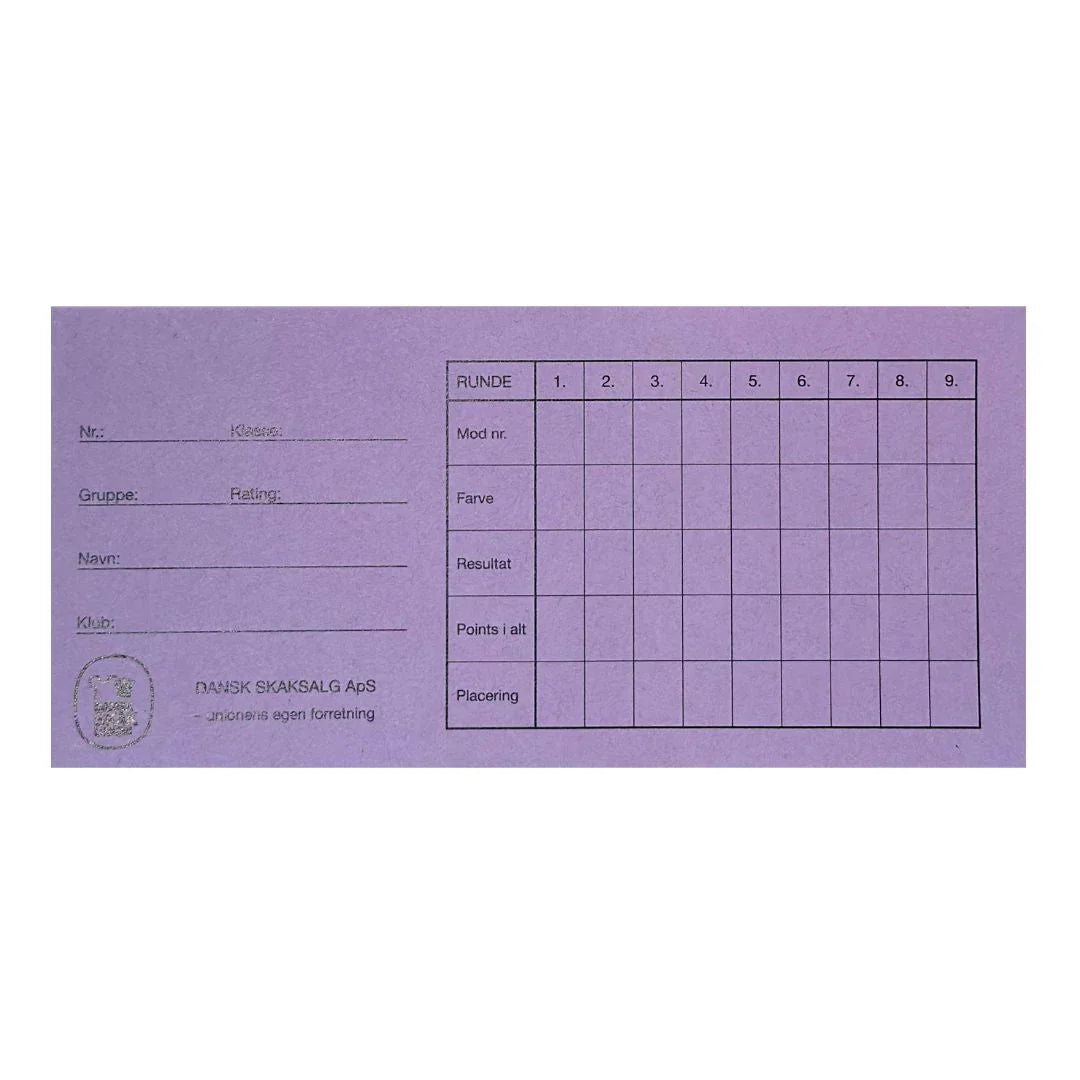 Lavendelfärgat rondkort från Schackshoppen med rutnät för poäng och noteringar, perfekt för premium träschackspel.