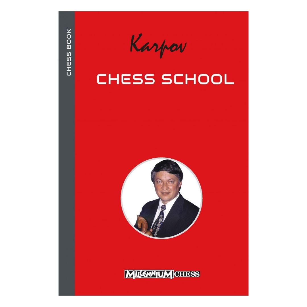 Röd schackbok med titeln Karpov Chess School med ett foto av schackvärldsmästaren Anatoly Karpov på omslaget och Millennium Chess under.