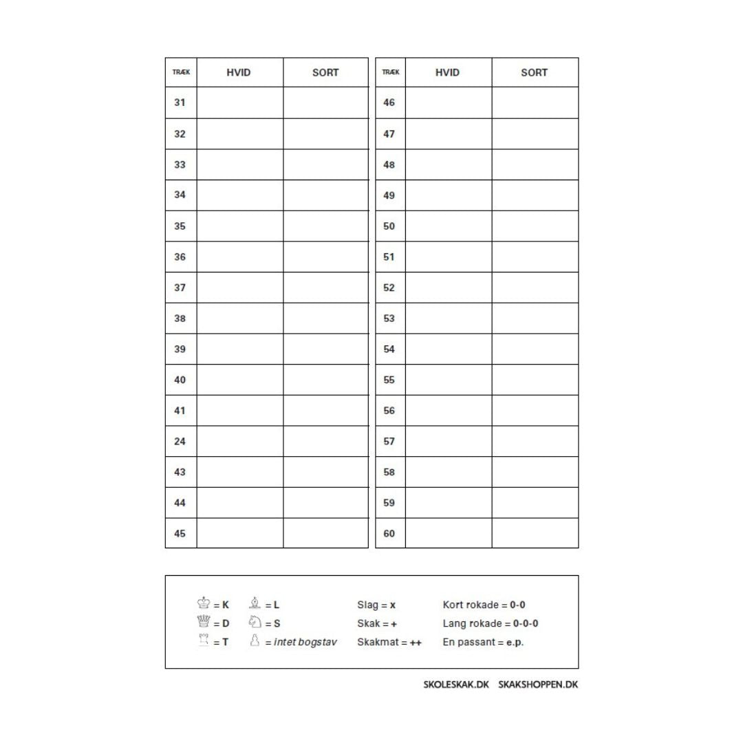 Baksidan av en schackprotokoll från Dansk Skoleskak som kan köpas på schackshoppen.se