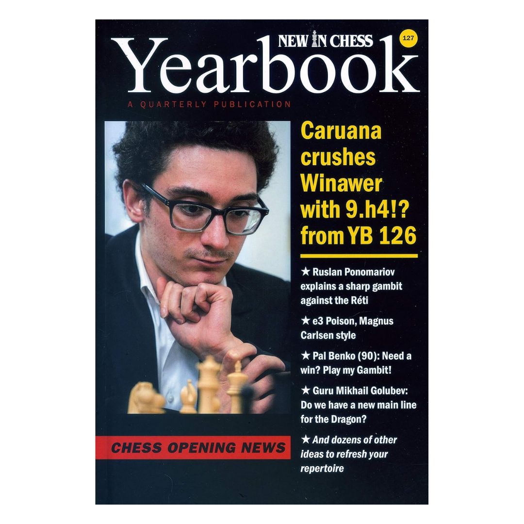 Framsidan av New In Chess Yearbook med 35 kapitel om de senaste schacköppningarna och teoretiska utvecklingarna.
