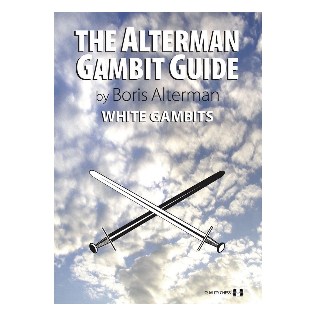 Bokomslag med vita moln på himlen och texten the alterman gambit guide om vita gambiter i schack, inklusive drottninggambiten