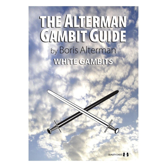 Bokomslag med vita moln på himlen och texten the alterman gambit guide om vita gambiter i schack, inklusive drottninggambiten
