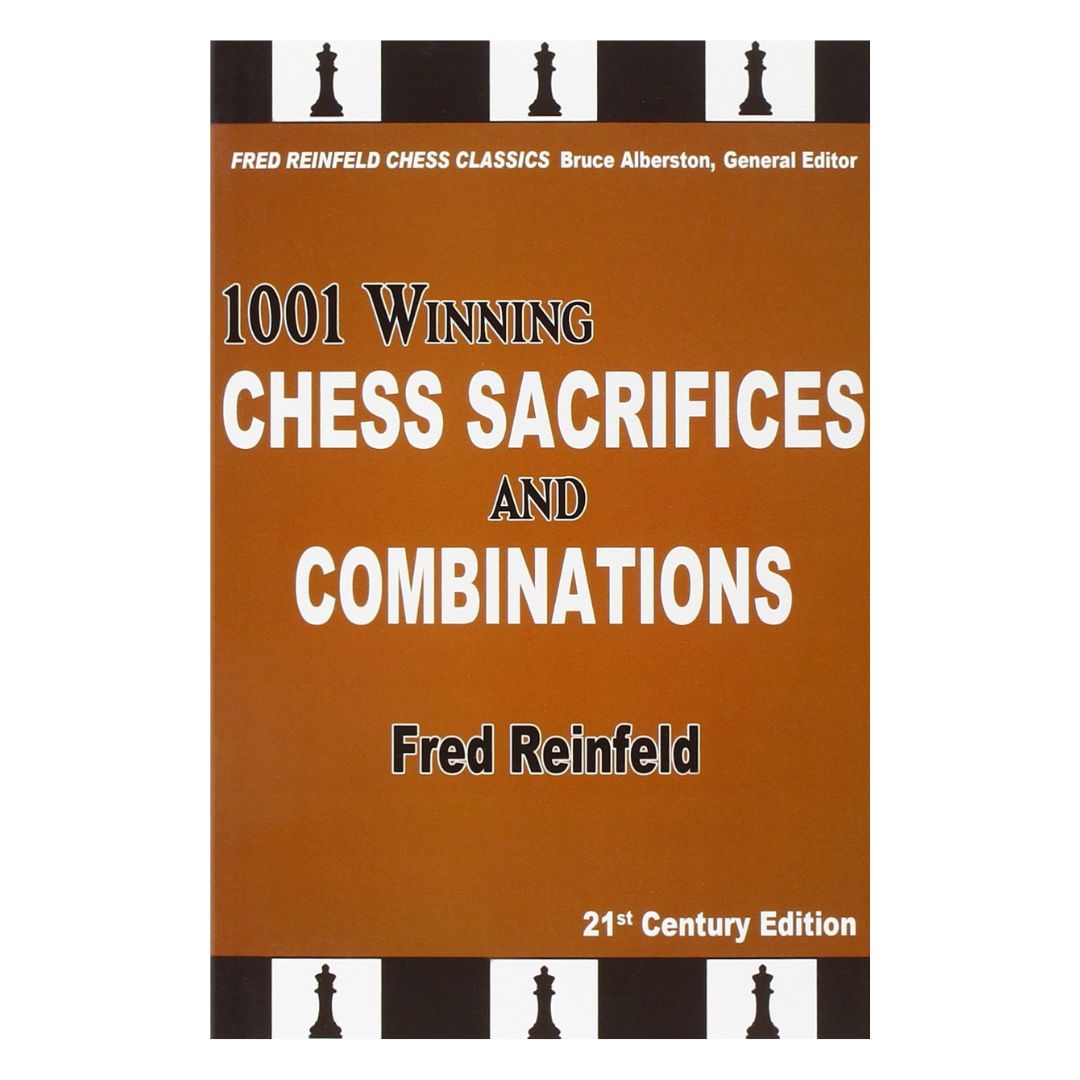 Omslag till ”1001 Winning Chess Sacrifices and Combinations” av Fred Reinfeld - en guide till taktiska schackmönster.