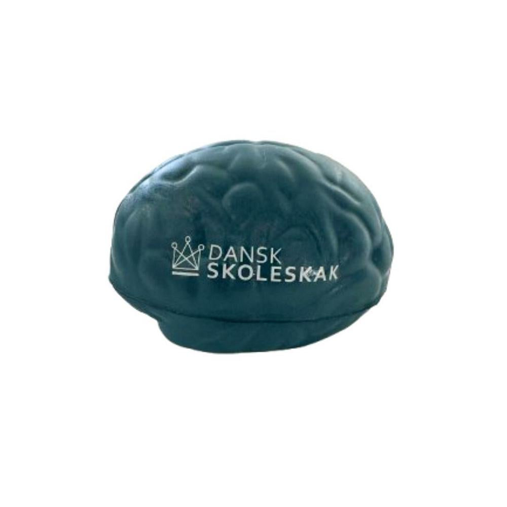 Mörkblå anti-stressboll formad som en mänsklig hjärna med Dansk Skoleskak-logotyp i vitt på sidan.