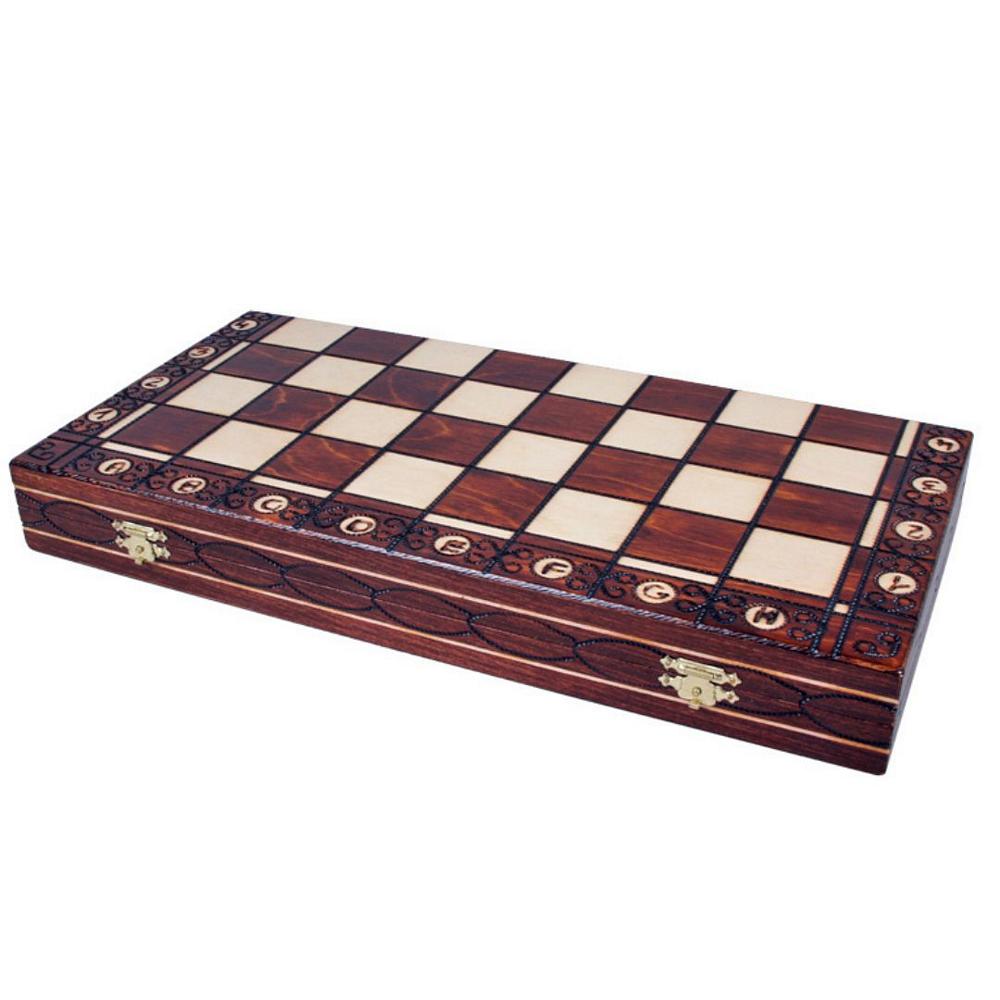 Hopfällt Senator schackspel i trä med dekorativa brända mönster och mässingslås.