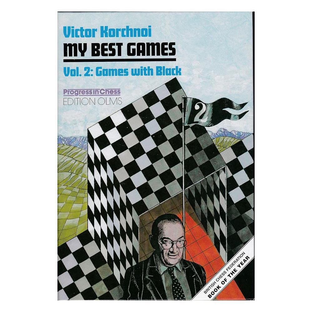 Bokomslag till "Viktor Korchnoi: My Best Games, Vol. 2", som visar ett svartvitt porträtt av en tänkande Viktor Korchnoi.