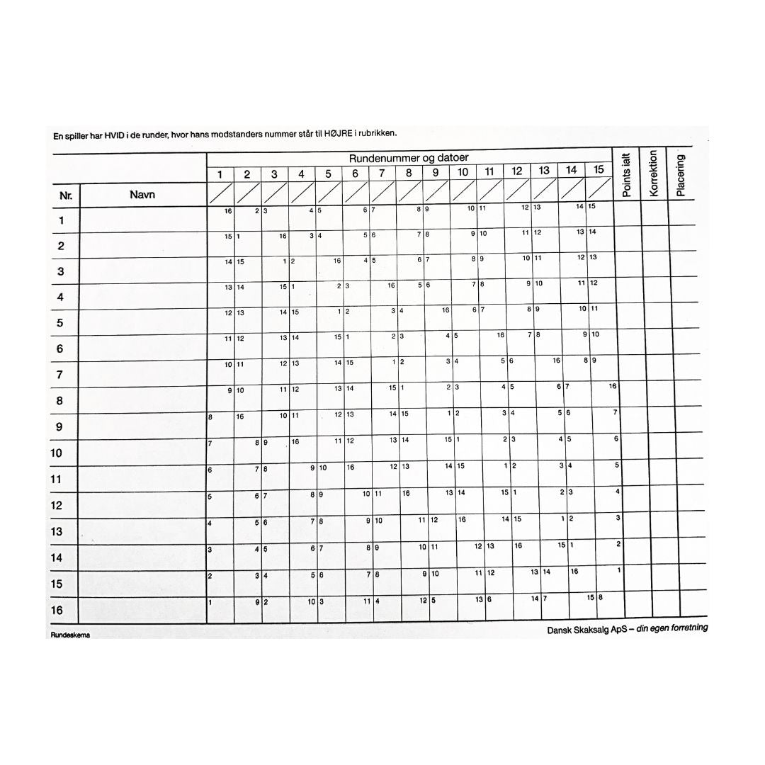 Stort rundeskema till schackturneringar med dansk schacksäljning stående i hörnet och plats för 16 schackspelare