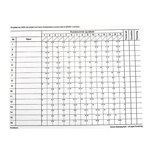 Stort rundeskema till schackturneringar med dansk schacksäljning stående i hörnet och plats för 16 schackspelare