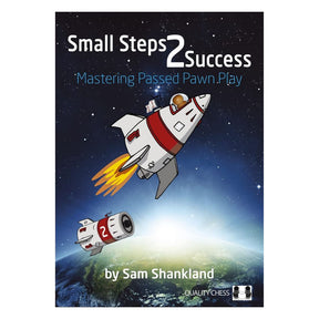 Omslag till schackbok Small Steps 2Success med rymdtema och pjäser i träschackstil.