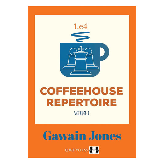 Forsiden af Coffeehouse Repertoire, Volume 1 – en innovativ skakbog med uventede og teoretisk sunde varianter mod Siciliansk, Caro-Kann, Skandinavisk og Alekhine. Perfekt for 1.e4-spillere, der vil overraske modstanderen.