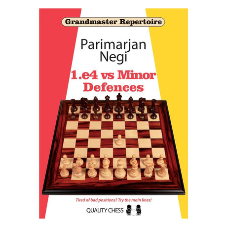 Omslaget till Grandmaster Repertoire - 1.e4, Volume 5 av Parimarjan Negi - en avancerad schackbok med en förstklassig repertoar mot Aljechin-, skandinaviska, Pirc- och moderna försvar, fullspäckad med innovativa teoretiska idéer.