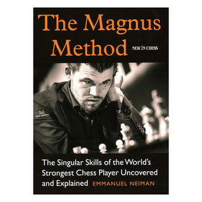 Svart bokomslag med porträtt av schackspelaren Magnus Carlsen och texten The Magnus Method och Emmanual Neiman.