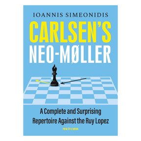 Carlsen's Neo-Møller schackbok med premium schackstrategier och träschackstema på blå bakgrund.