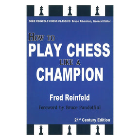 Blå bokomslag med titeln How to Play Chess Like a Champion av Fred Reinfeld, schackspel guide.