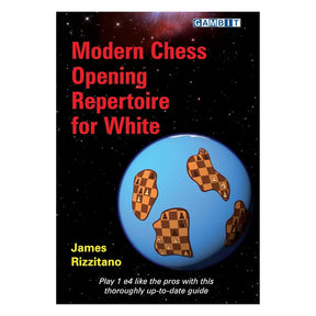 Modern Chess Opening Repertoire for White bok med schackstrategi och träschackspel på omslaget.
