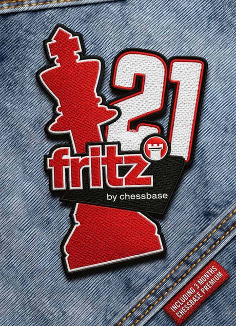 Logotyp för Fritz 21 schackprogrammet från ChessBase broderat på denim.