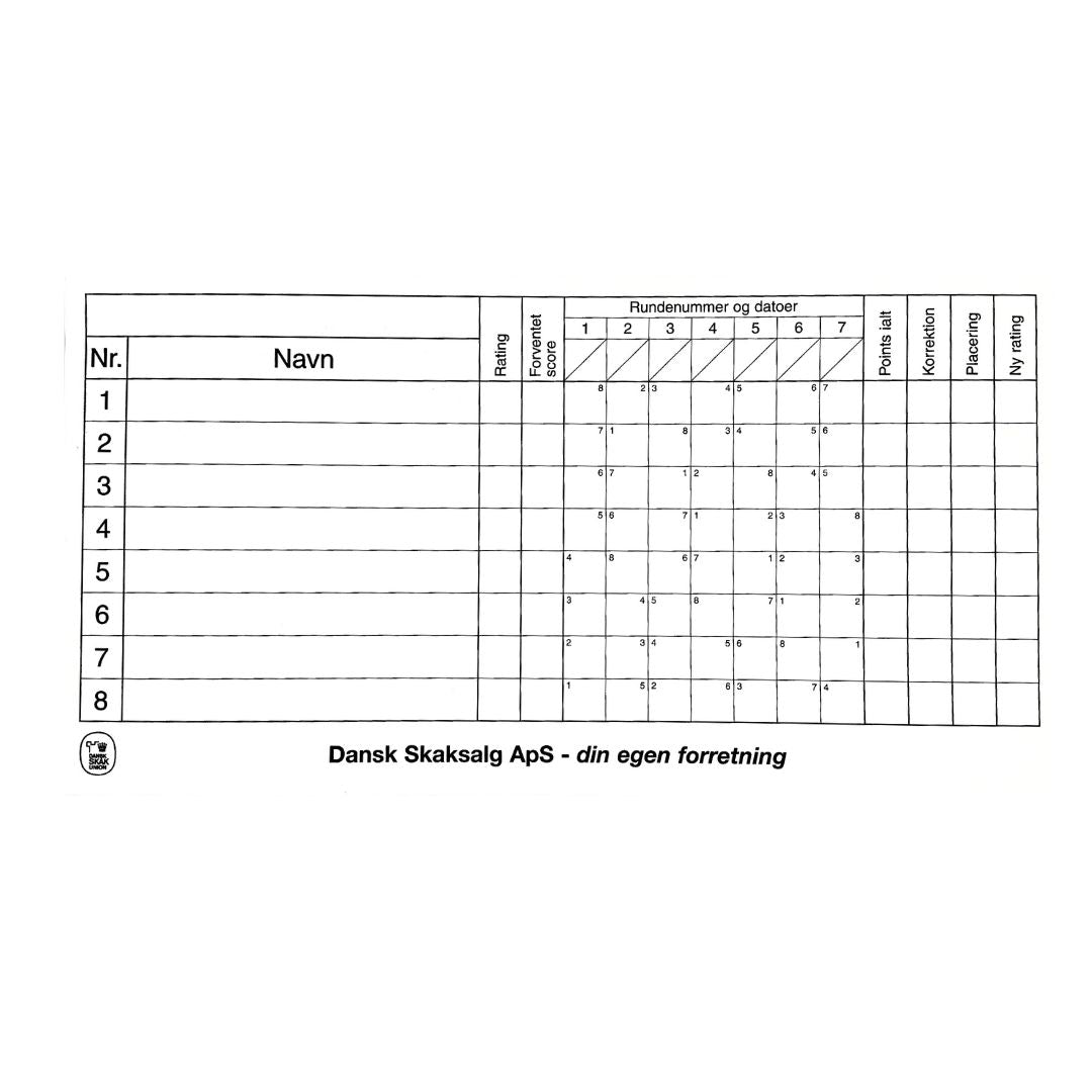 Stort rundeskema till schackturneringen med 8 schackspelare och möjlighet att få ny rating vid turneringens slut.