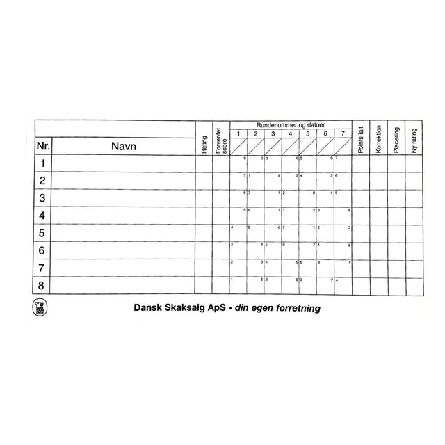 Stort rundeskema till schackturneringen med 8 schackspelare och möjlighet att få ny rating vid turneringens slut.