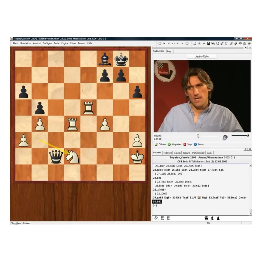 Udsnit af Danile king der sidder i højre hjørne med chessbase logoet i baggrunden og lige spiller et træk med skakbrikken springeren