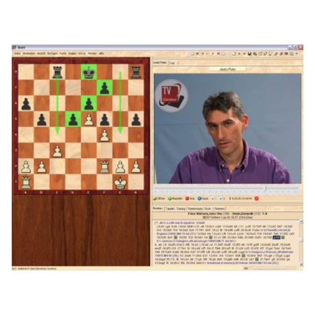 Stormester Daniel King visar en position på schackbrädet där svart har två öppna linjer där han kan placera sina torn.