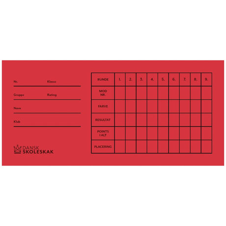 Rondkort med plats för att skriva klass, gruppbetyg och mycket mer för upp till nio ronder med Dansk skoleskak logotyp 