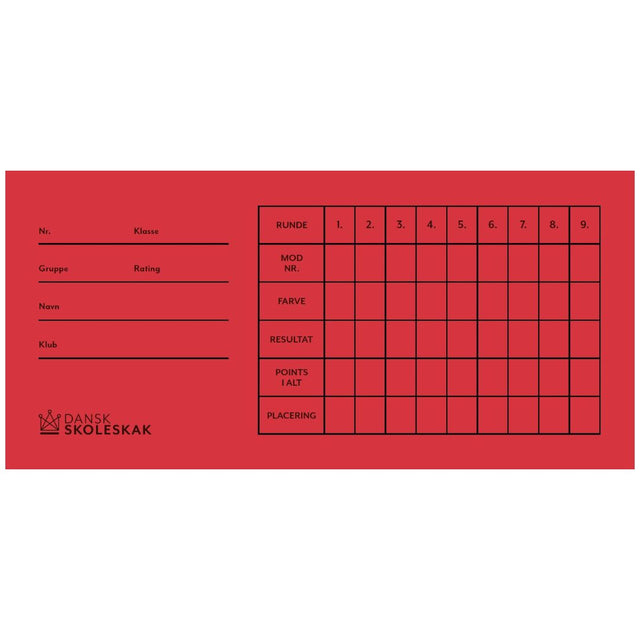 Rondkort med plats för att skriva klass, gruppbetyg och mycket mer för upp till nio ronder med Dansk skoleskak logotyp 