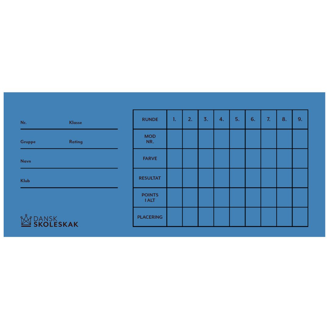 Runda kort i blått med Dansk skoleskak-logotyp i hörnet kan användas för schackturneringar
