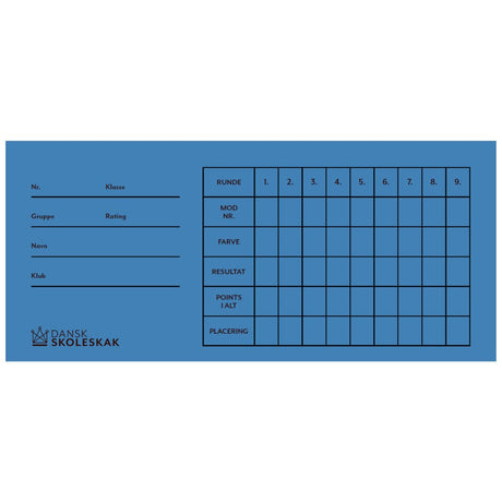 Runda kort i blått med Dansk skoleskak-logotyp i hörnet kan användas för schackturneringar