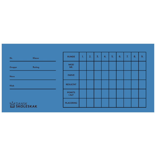 Runda kort i blått med Dansk skoleskak-logotyp i hörnet kan användas för schackturneringar