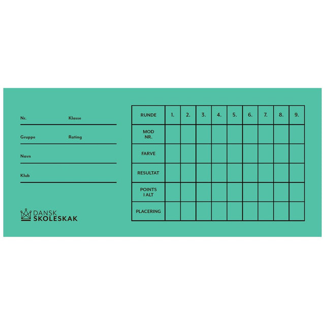 gröna rondkort för schackturneringar med Dansk skoleskak-logotyp och upp till 9 ronder
