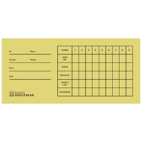 Runda kort i gul färg från Dansk skoleskak som kan användas för schackturneringen eller i samband med skolschack