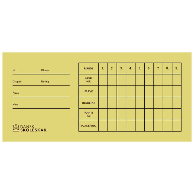 Runda kort i gul färg från Dansk skoleskak som kan användas för schackturneringen eller i samband med skolschack