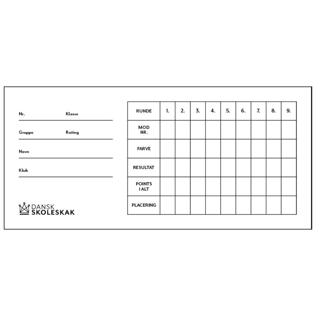 Vitt rundkort med Dansk skoelskak-logotyp i nedre vänstra hörnet och plats för upp till nio ronder