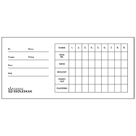 Vitt rundkort med Dansk skoelskak-logotyp i nedre vänstra hörnet och plats för upp till nio ronder