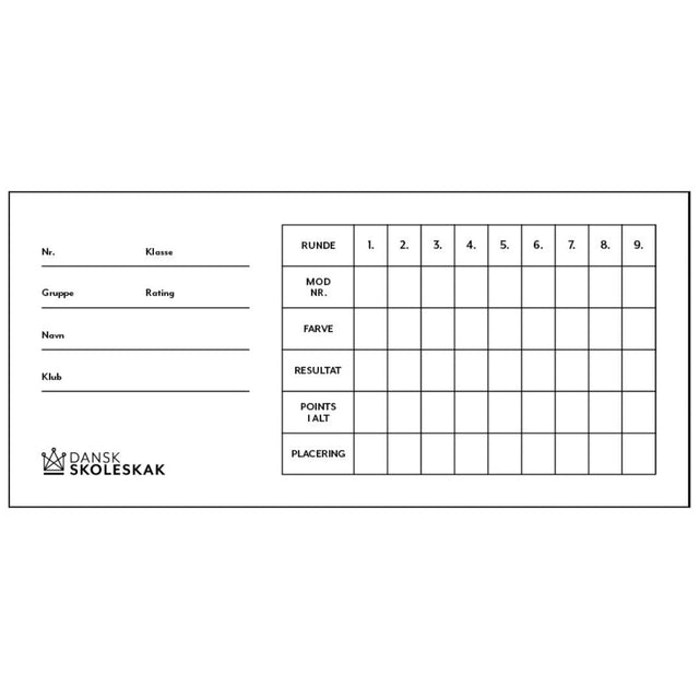 Vitt rundkort med Dansk skoelskak-logotyp i nedre vänstra hörnet och plats för upp till nio ronder