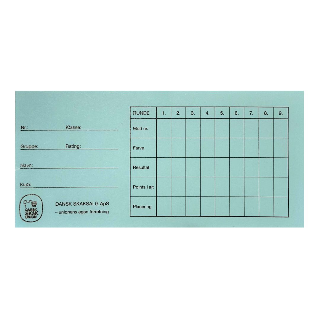 Framsidan av rundkort från Dansk Skaksalg, som kan användas för att anordna en schackturnering i Monrad-format här i färgen ljusblå.