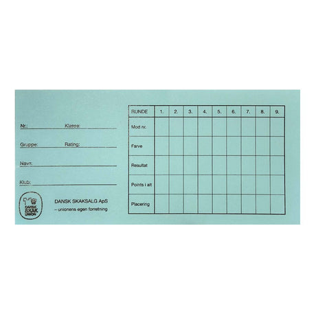 Framsidan av rundkort från Dansk Skaksalg, som kan användas för att anordna en schackturnering i Monrad-format här i färgen ljusblå.