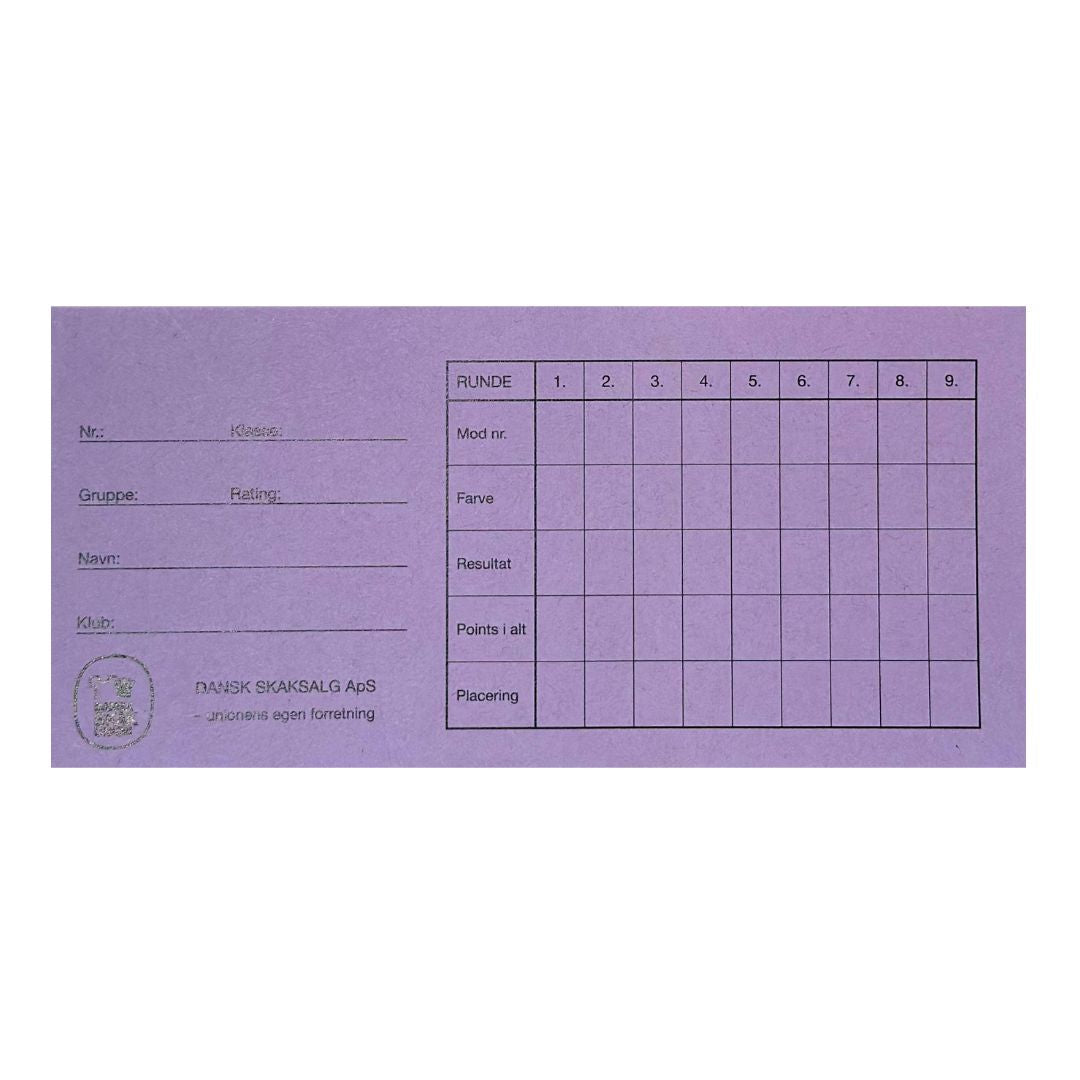 Framsidan av rundkort från dansk skaksalg, som kan användas för att anordna en schackturnering i Monrad-format här i färgen LILA.