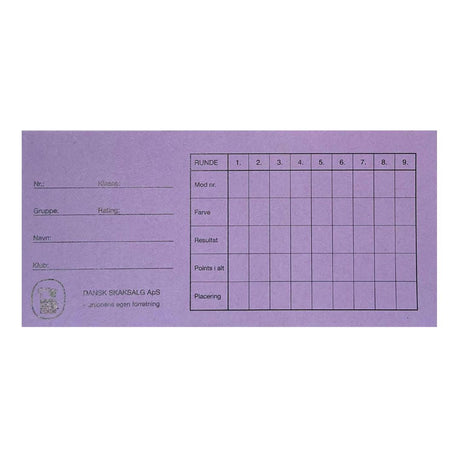 Framsidan av rundkort från dansk skaksalg, som kan användas för att anordna en schackturnering i Monrad-format här i färgen LILA.