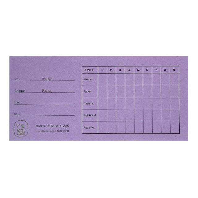Framsidan av rundkort från dansk skaksalg, som kan användas för att anordna en schackturnering i Monrad-format här i färgen LILA.