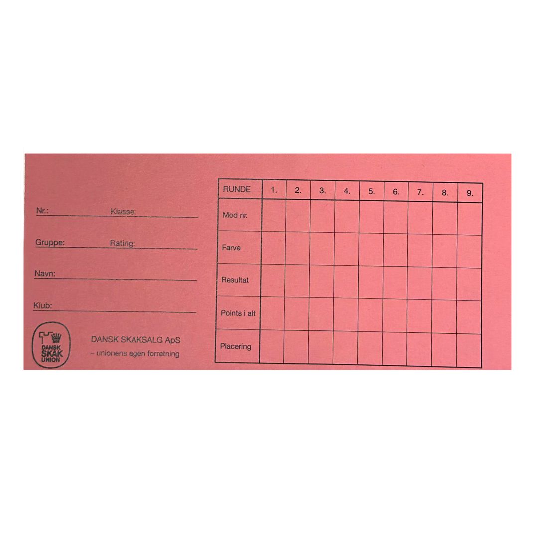 Framsidan av rundkort från dansk skaksalg, som kan användas för att anordna en schackturnering i Monrad-format här i färgen ljusrosa.