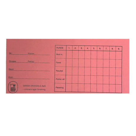 Framsidan av rundkort från dansk skaksalg, som kan användas för att anordna en schackturnering i Monrad-format här i färgen ljusrosa.