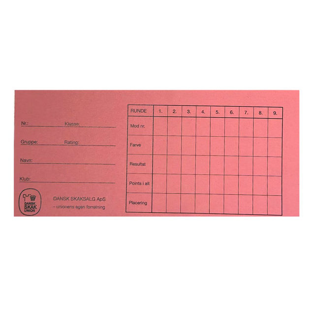 Framsidan av rundkort från dansk skaksalg, som kan användas för att anordna en schackturnering i Monrad-format här i färgen ljusrosa.