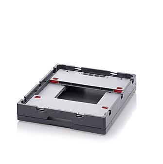 En grå transportlåda från schackshoppen.se som kan fällas ihop för att spara plats vid förvaring.