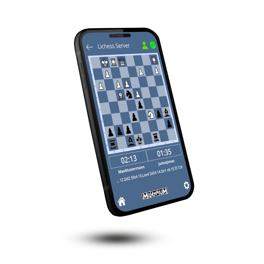 Tændt telefon der bruges til at spille skak online på lichess ved tilslutning af Millennium chess link connection module